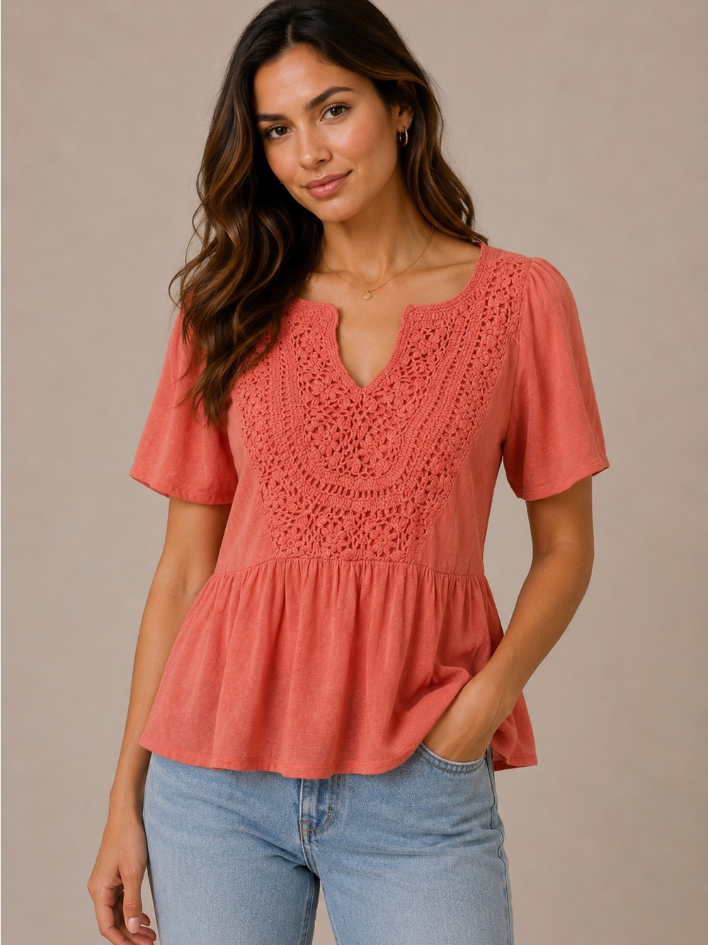 Lucky Brand Crotchet Peplum Top  Coral Medium Boho